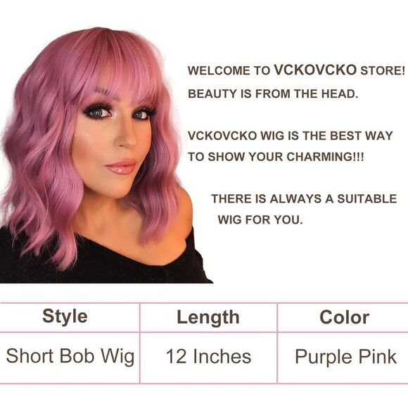 Pastel Wavy Wig With Bangs Short Bob Purple Pink Curly Wavy Shoulder Length